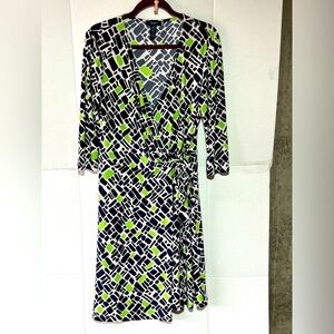 CHAPS WOMEN’S WRAP DRESS SIDE TIE MIDI LENGTH‎ 3/4 SLEEVES BLUE/LIME GREEN SZ L